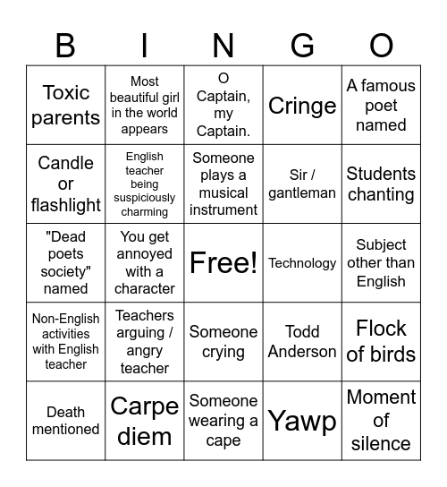 Dead Poets Society Bingo Card