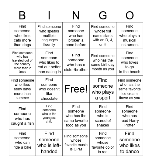 Get to Know Each Other Bingo Card