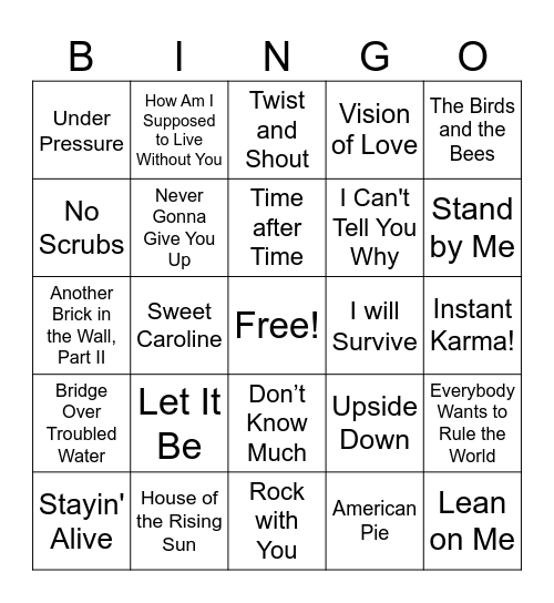 Nostalgic Music Bingo Card