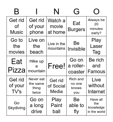 Would you rather Bingo Card