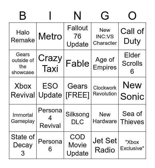 Xbox Showcase - June 2026 Bingo Card