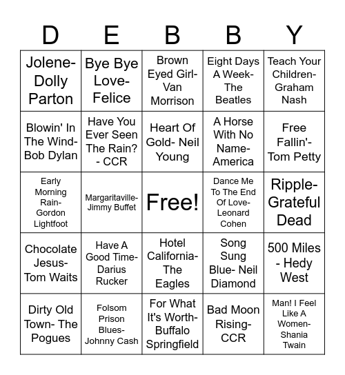 Deb's Music Bingo Card