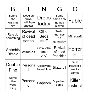 Xbox Games Showcase 6/7/26 Bingo Card