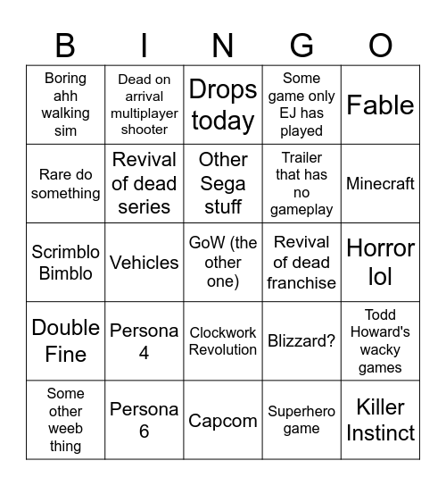 Xbox Games Showcase 6/7/26 Bingo Card