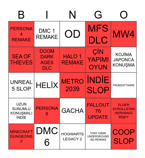 XBOX showcase Bingo Card