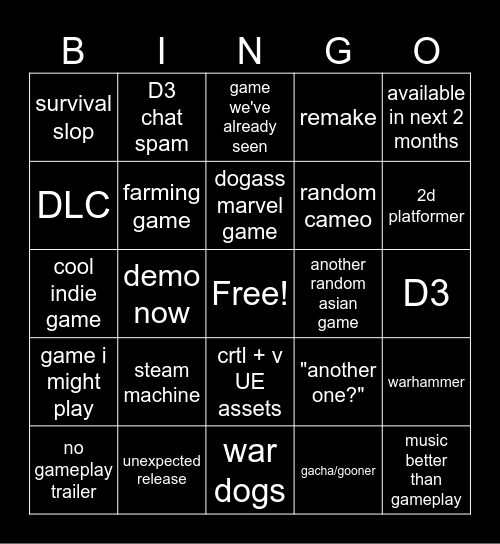 PC GAME SHOWCASE Bingo Card