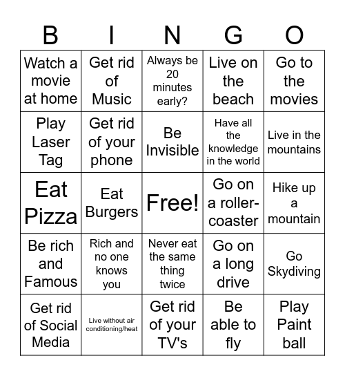 Would you rather Bingo Card