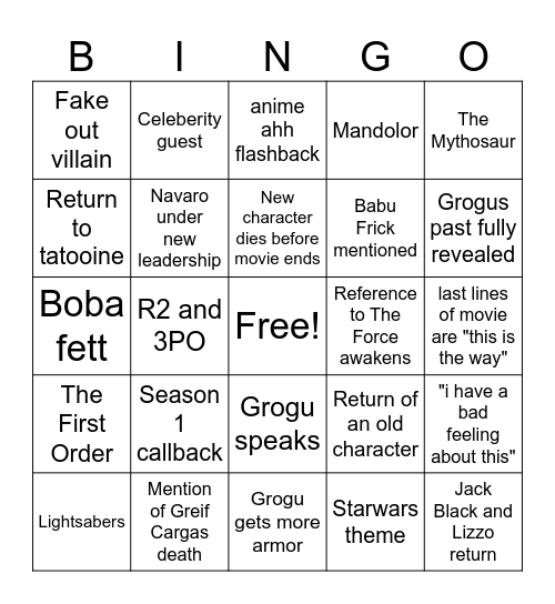 Mando and Grogu Bingo Card