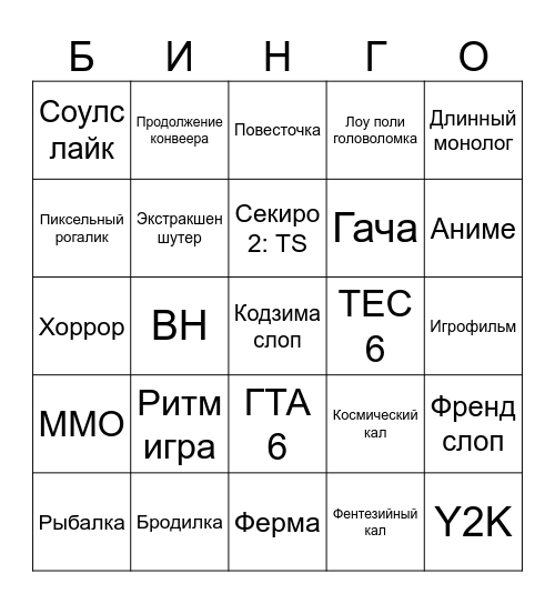PC Gaming Show Bingo Card