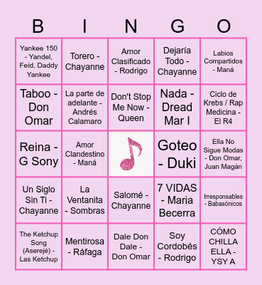 Bingo Musical Bingo Card