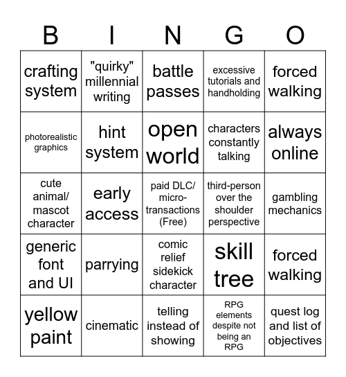 Modern AAA Game Bingo Card