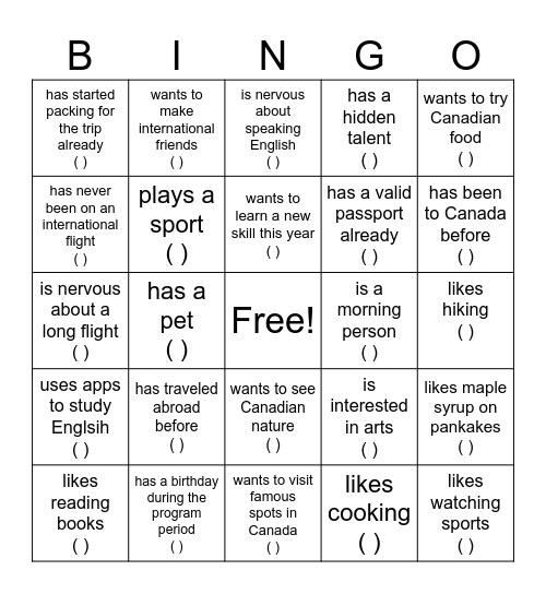 CANADA Bingo Card