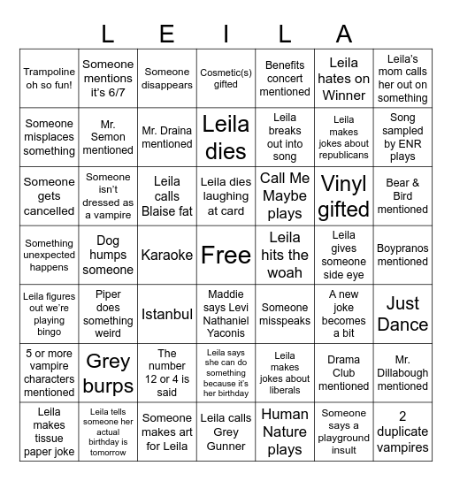 Leila Bingo Card