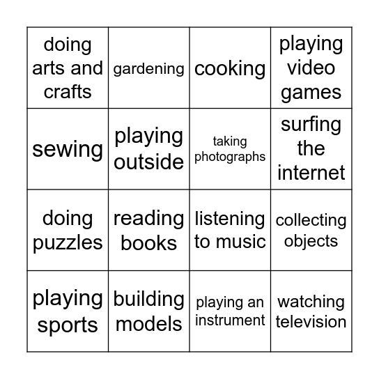 Doing Hobbies & Pastimes Bingo Card