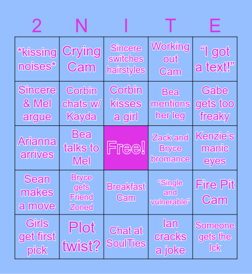 Love Island Recoupling Bingo Card