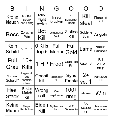 FORTNITE Bingo Card