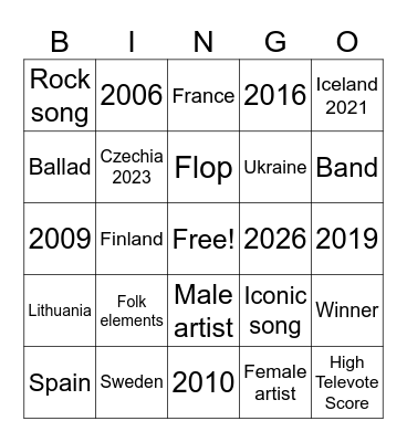 Eurovision Bingo Card