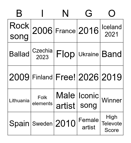 Eurovision Bingo Card