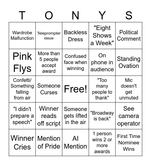 Tony Awards 2026 Bingo Card