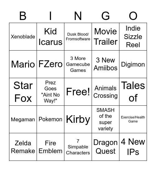 Nintendo Summer Direct Bingo Card