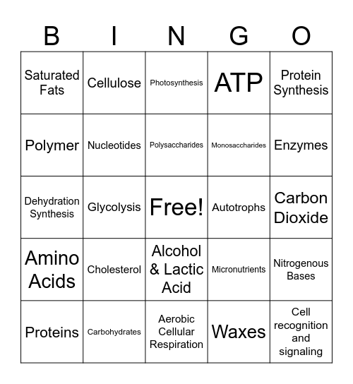 Nutritional Bingo Card
