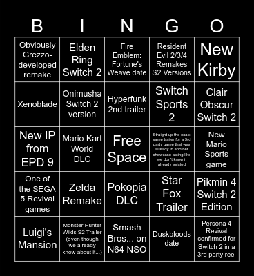 Nintendo Direct June '26 Bingo Card