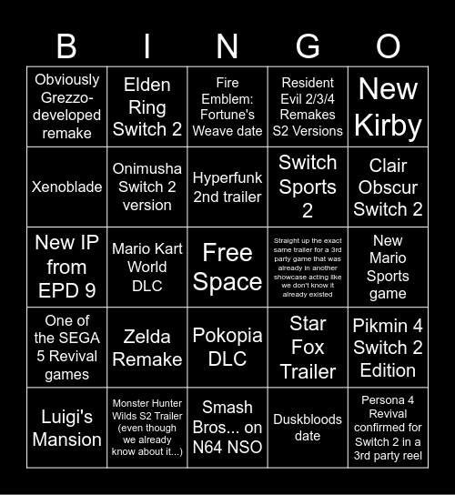Nintendo Direct June '26 Bingo Card