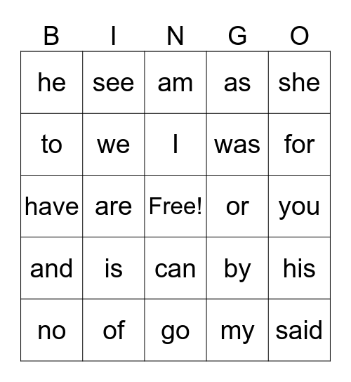Sight Word Bingo Card