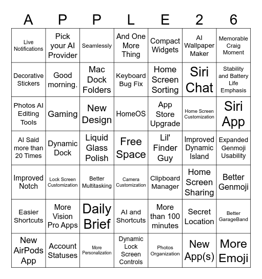 WWDC 2026 Bingo Card