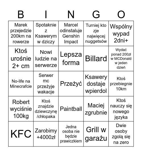 Bingo Wakacyjne Bingo Card