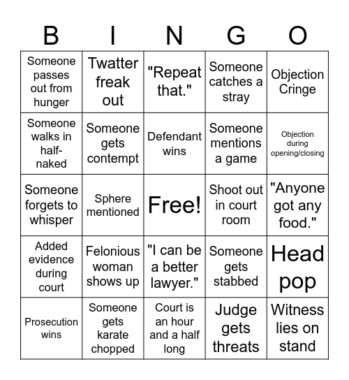 GTA RP Court Bingo Card