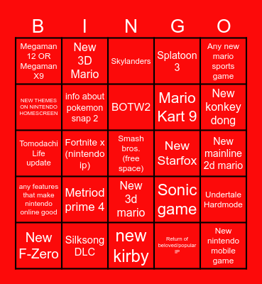 Nintendo Direct Bingo Card