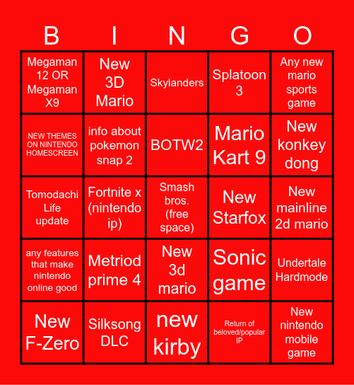 Nintendo Direct Bingo Card