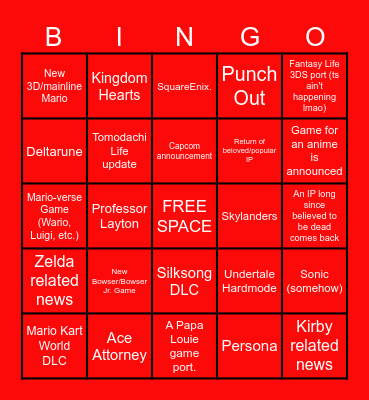 Nintendo Direct Bingo Predicts for 6/9 Bingo Card