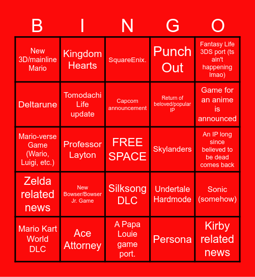 Nintendo Direct Bingo Predicts for 6/9 Bingo Card