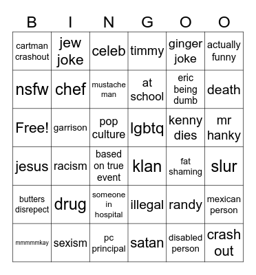 south park Bingo Card
