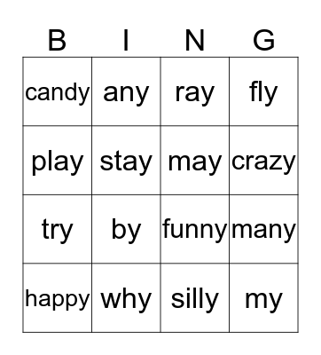 Y  Word Cards Bingo Card