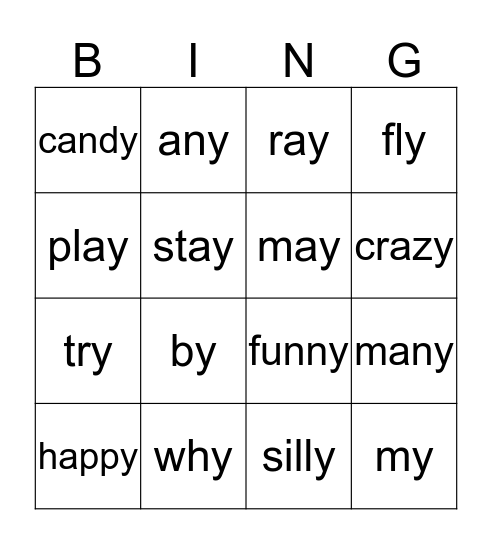 Y  Word Cards Bingo Card