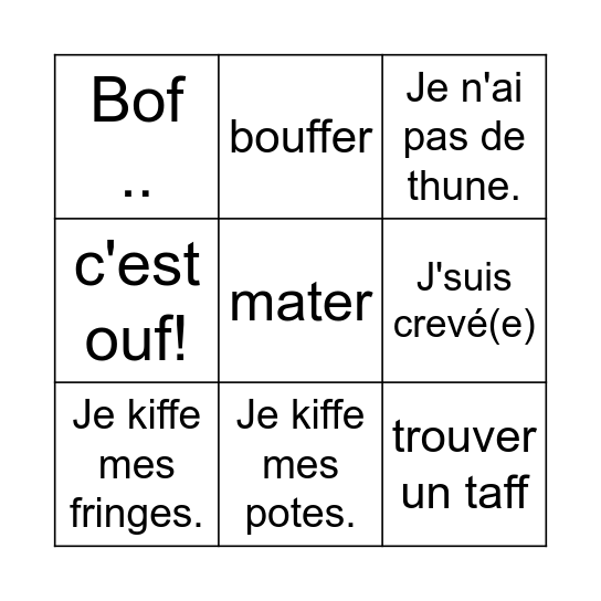 L'argot Bingo Card