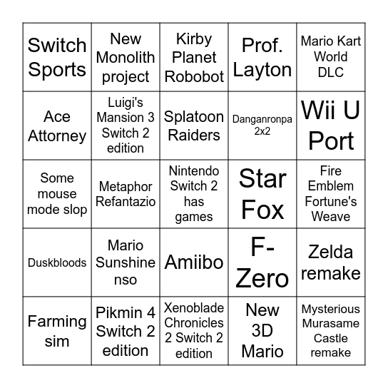Nintendo Direct Bingo Card