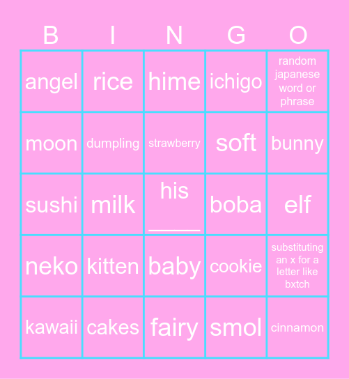 Valorant Egirl Names Bingo Card