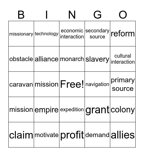 Explorer Vocabulary Review Bingo Card