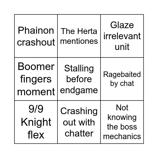 Nix's Endgame Bingo Card