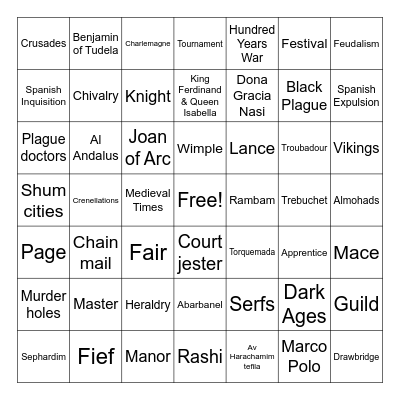 Middle Ages Bingo Card