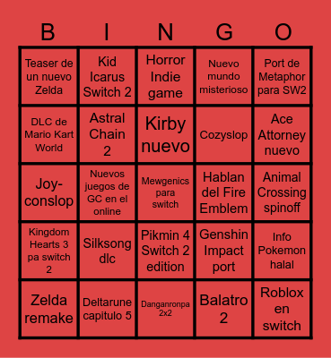 Bingo Nintendo Bingo Card