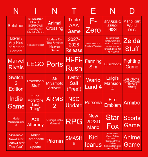 6.9.26 Nintendo Direct Bingo Card