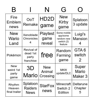 Nintendo Direct June 2026 Bingo Card