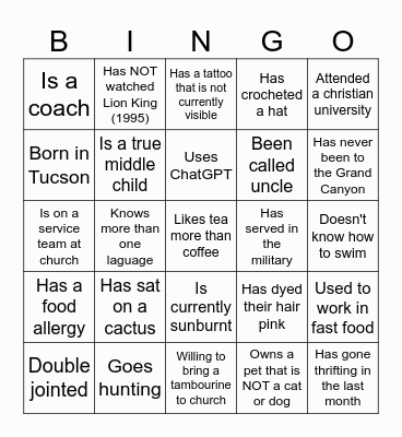Vail Christian Church Games Night Bingo Card