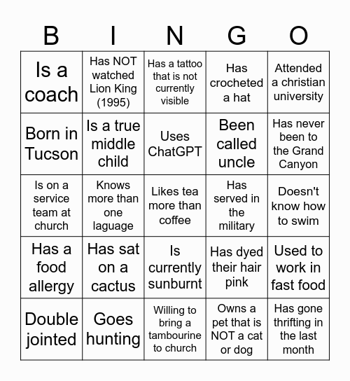Vail Christian Church Games Night Bingo Card