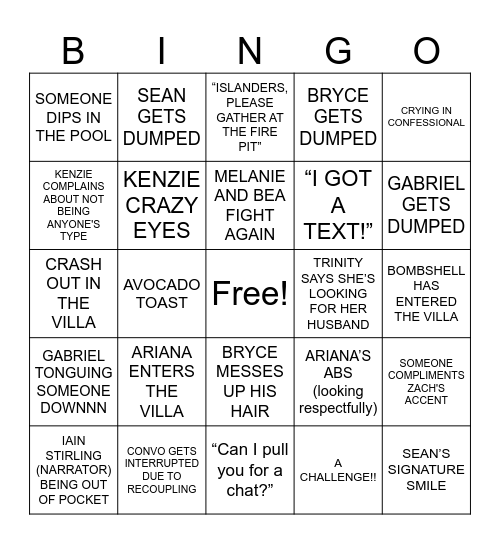 LOVE ISLAND S8 EP 5 BINGO Card